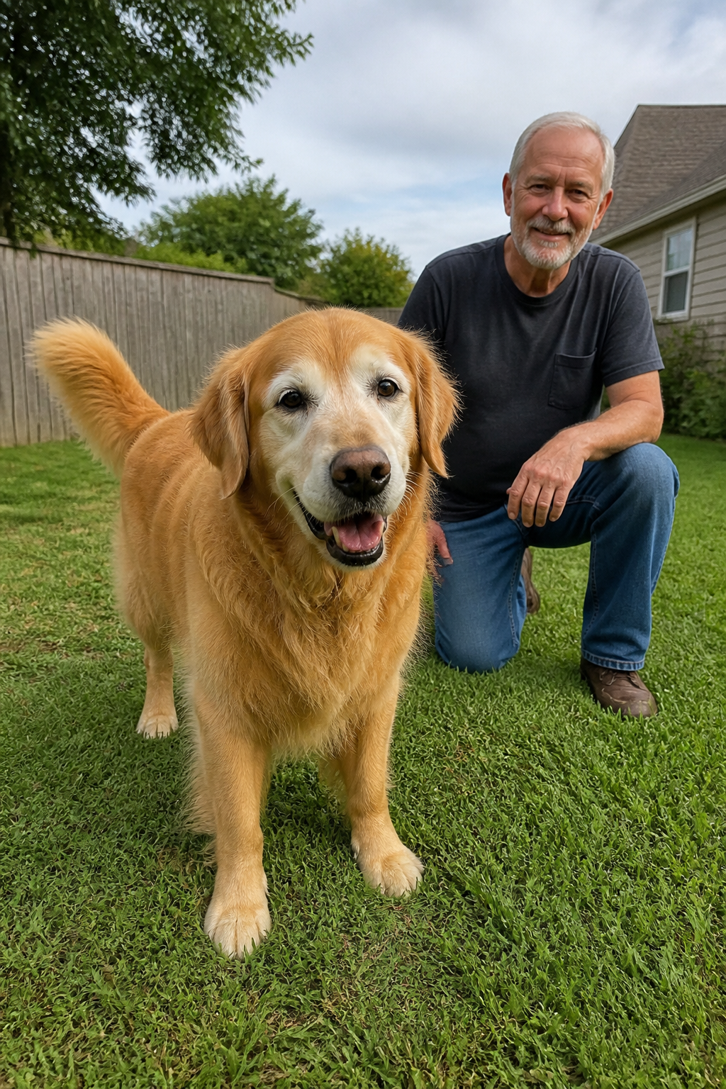 Perrito senior caminando feliz junto a su familia