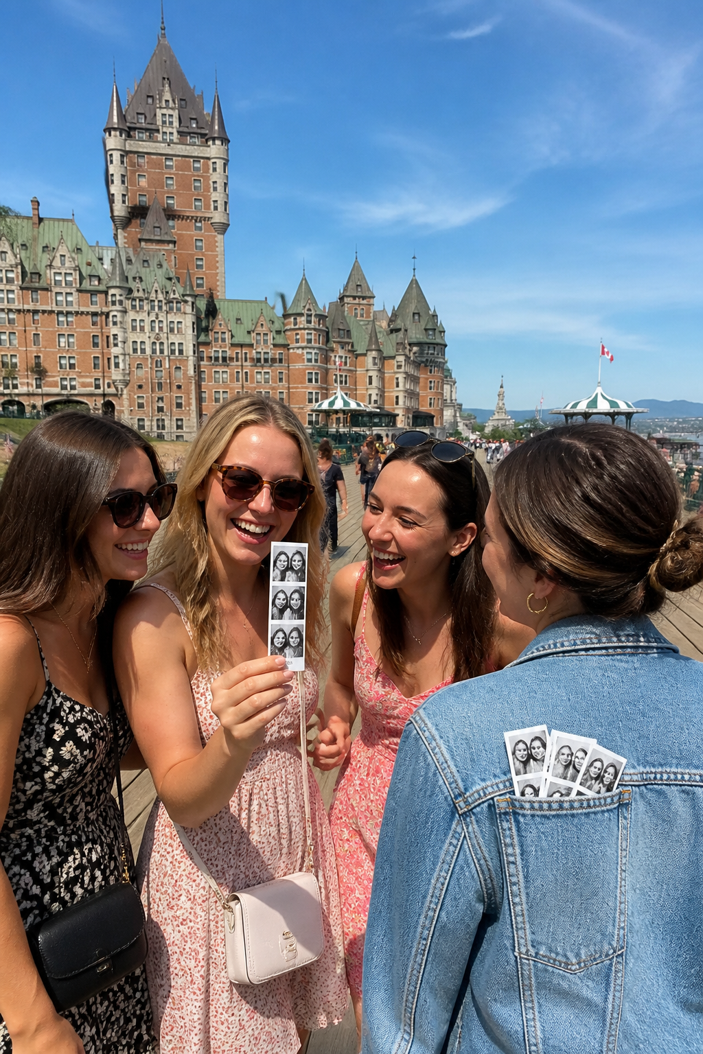 A young woman photographing the Chateau Frontenac in Old Quebec on a bright summer afternoon