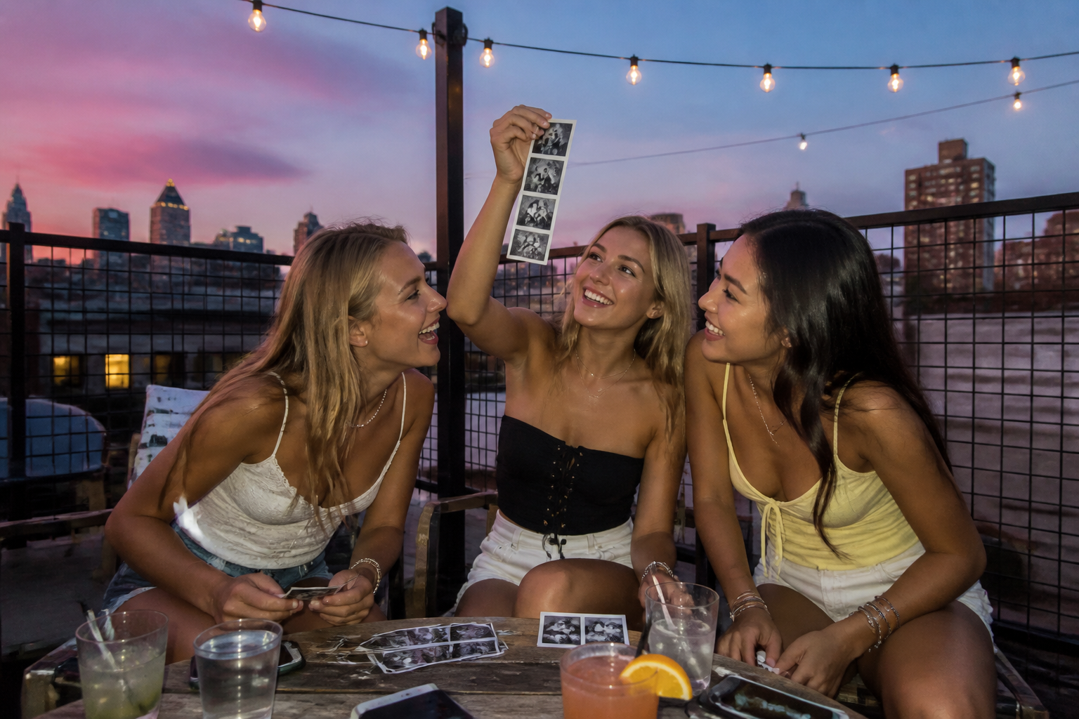 Young women on a Montreal rooftop at dusk taking instant prints