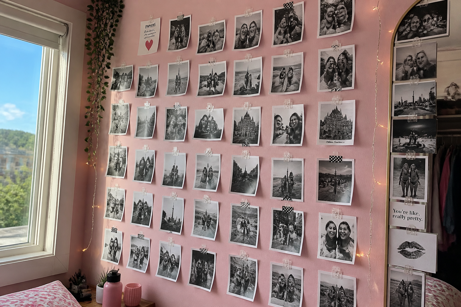 A bedroom wall covered in a grid of black-and-white printed photos