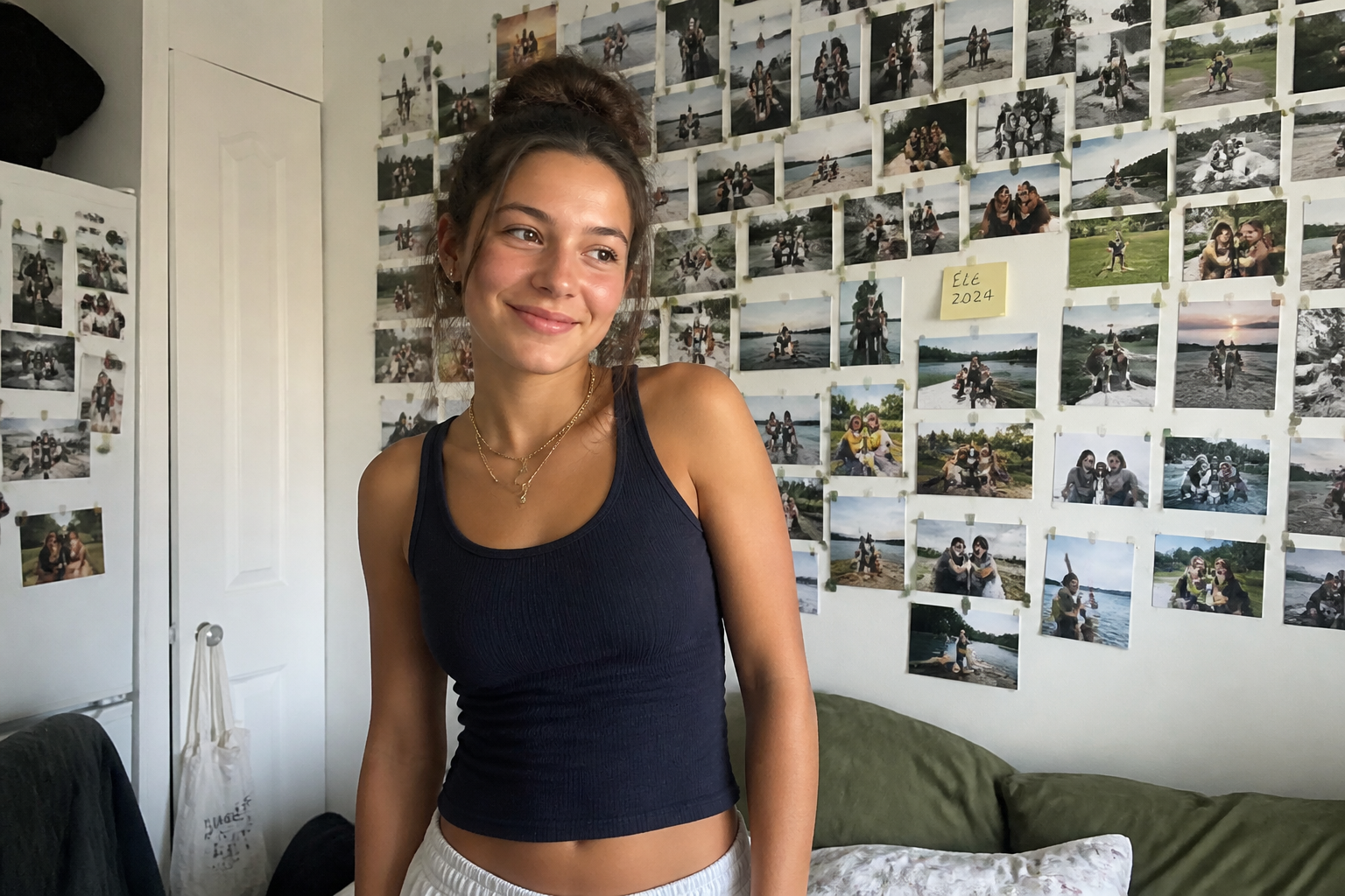 A wall covered floor to ceiling in printed photos in a sunny apartment