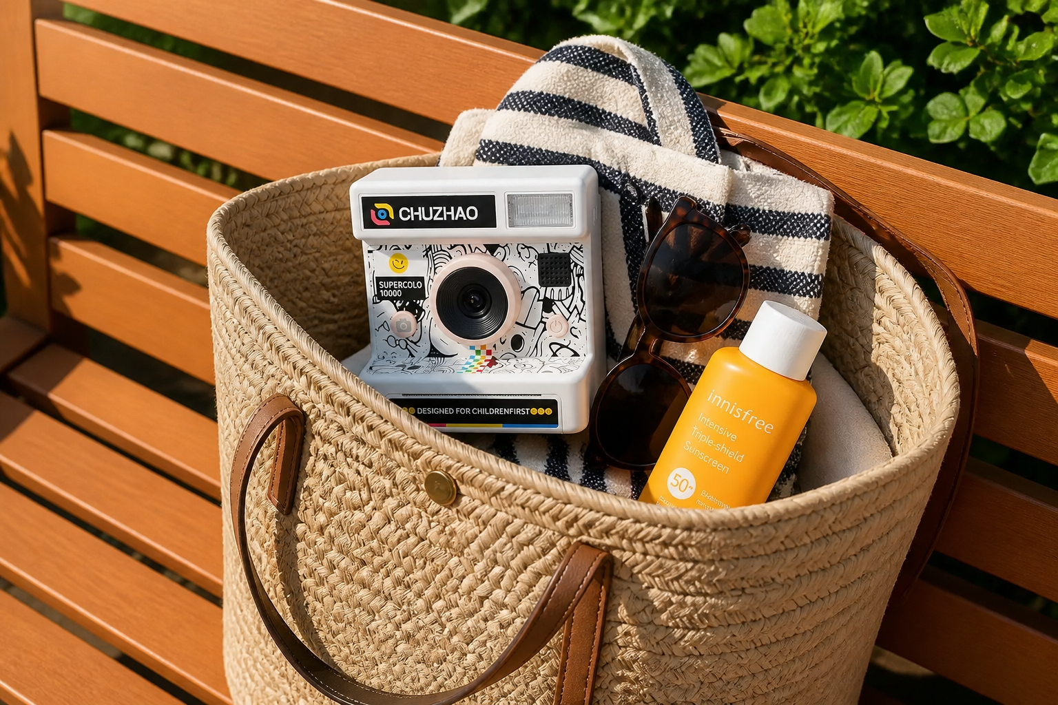 The compact camera tucked into a tote bag with sunglasses and a water bottle