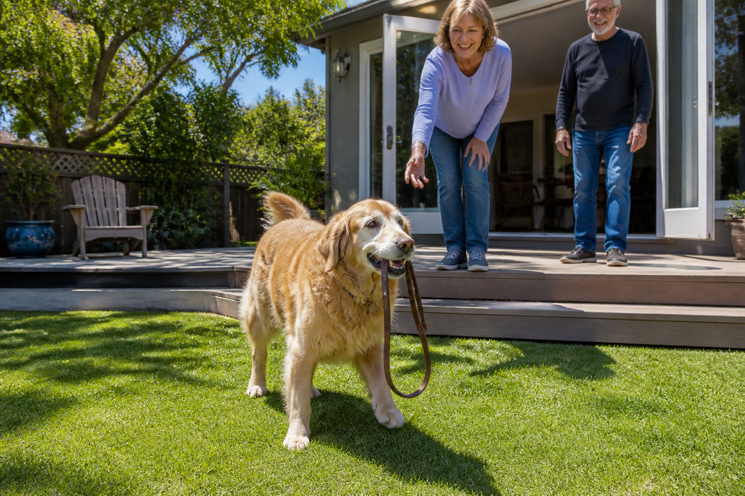Perrito senior caminando feliz con su familia en México