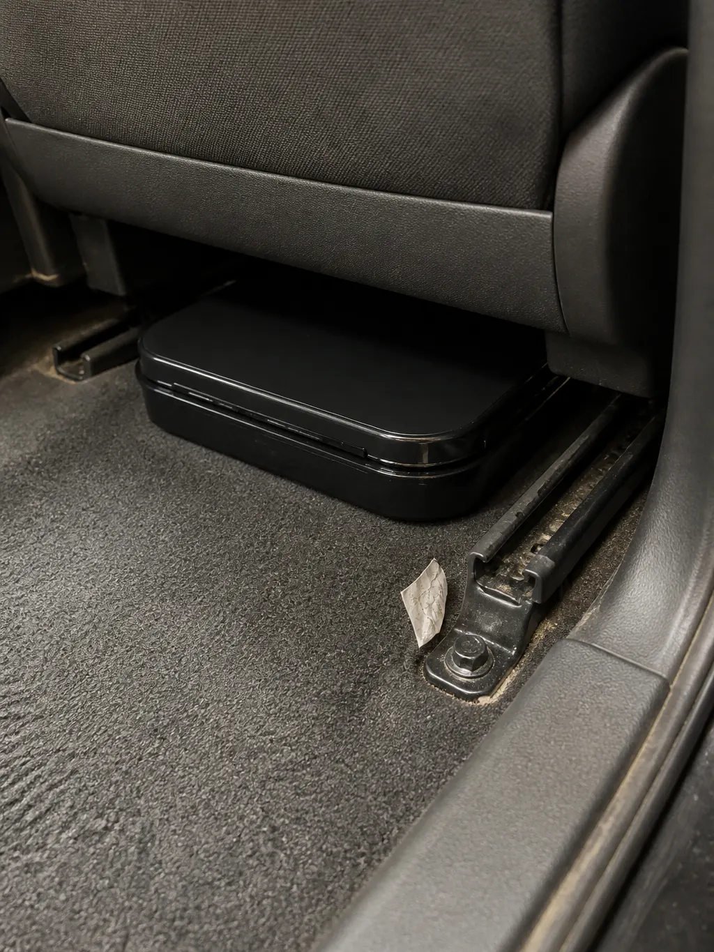 Folded 3-inch slab stored under a car seat, cabin looking normal