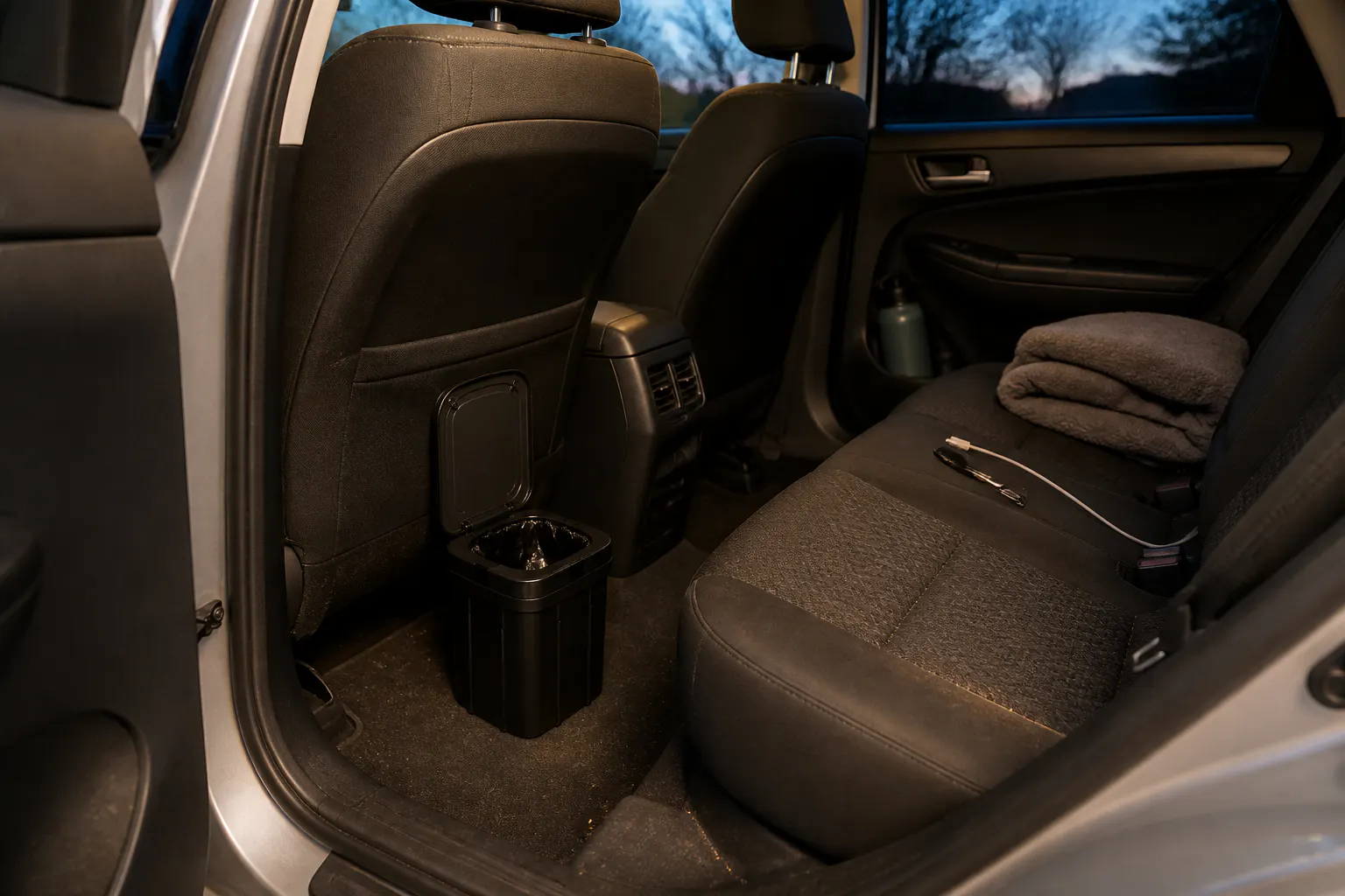 Unit positioned on the cabin floor behind the front seat with doors closed