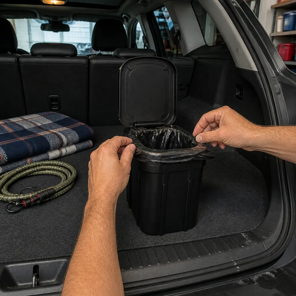 Liner bag draped through the seat rim and gripped against the bowl edge