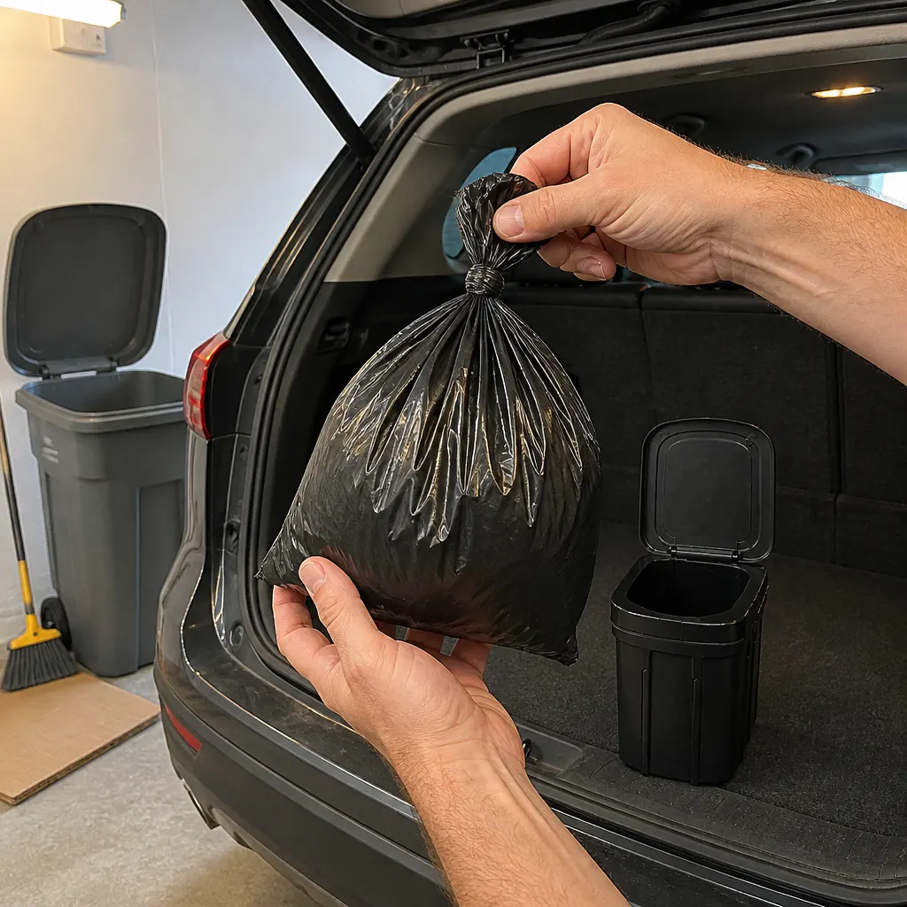 Tied liner bag being dropped into a bin, interior clean and dry