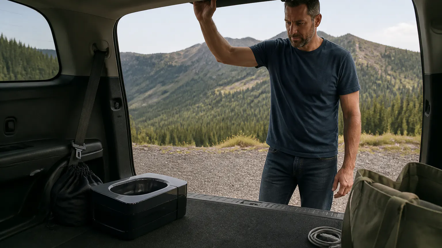 The folded black Road Relief Potty stowed flat in a car trunk beside its carry bag