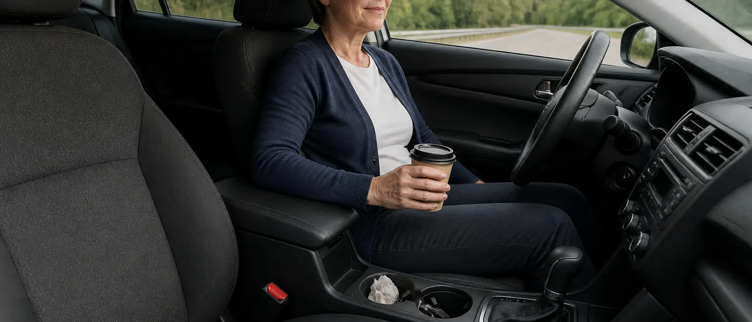 Driver at a highway pull-off with coffee in the cupholder, folded slab under the passenger seat