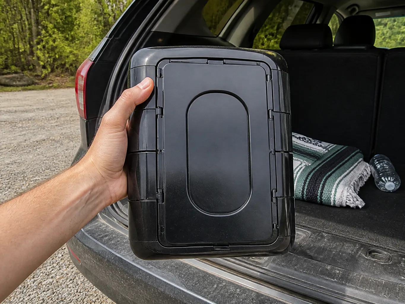 Folded black slab lifted flat out of a car trunk