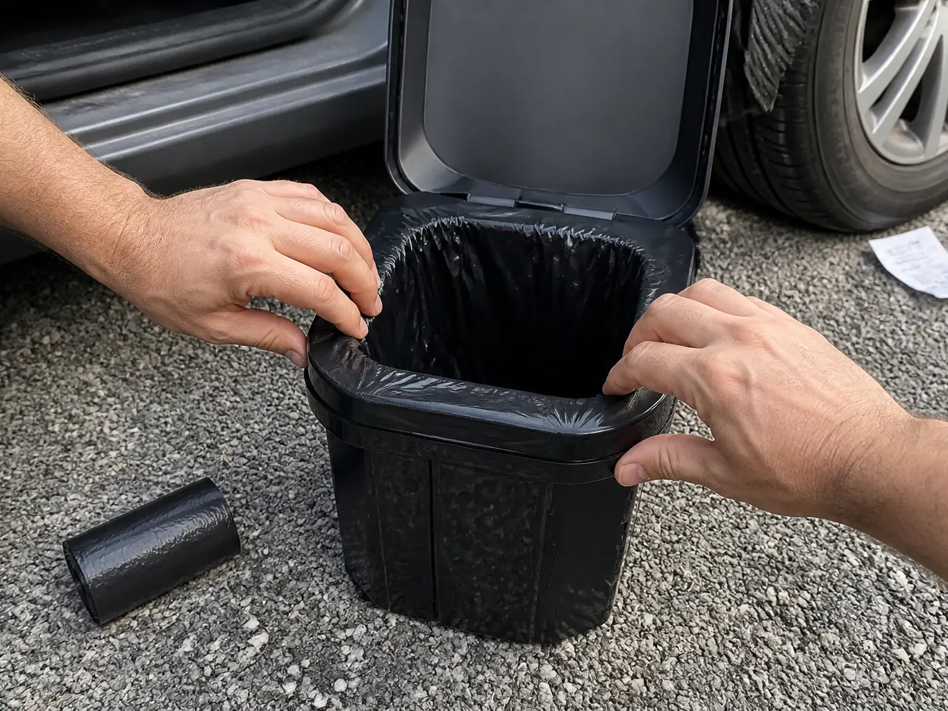 A disposable liner bag dropped into the bowl and folded over the rim